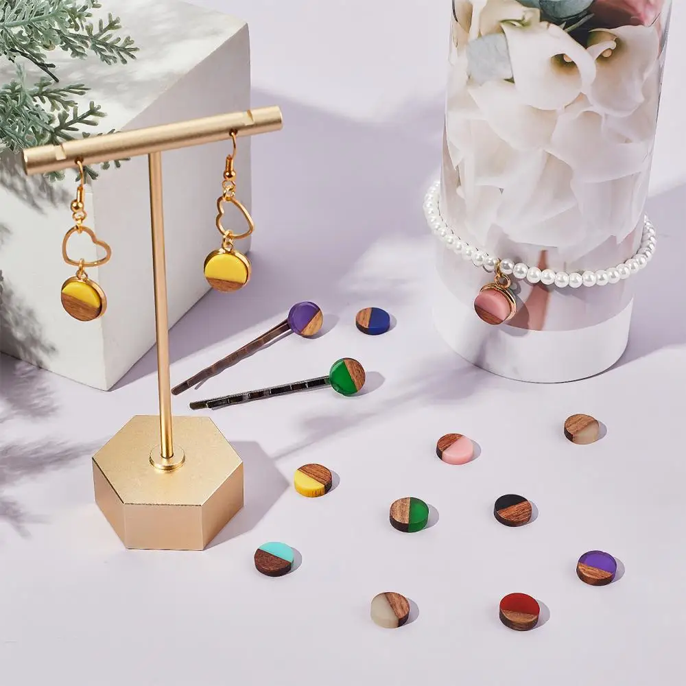 

48pcs Vintage Geometric Resin Wood Cabochons 10mm Flat Round Rhombus Cabochons for Necklace Earring Jewelry Findings 12 Colors