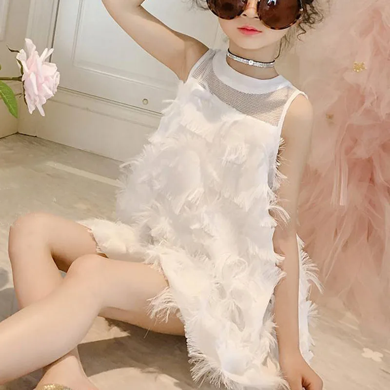 

Summer Girls Dress 2022 New Princess Style Back Bow Feather Chiffon Mesh Teens for 5 7 9 11 13 Years Big Children Clothing