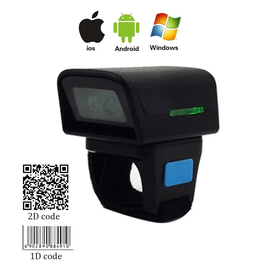 2D Wireless Ring Barcode Scanner Compatible Bluetooth 2.4G Wireless Wired Portable Wearable Mini Finger Bar Code Reader leitor