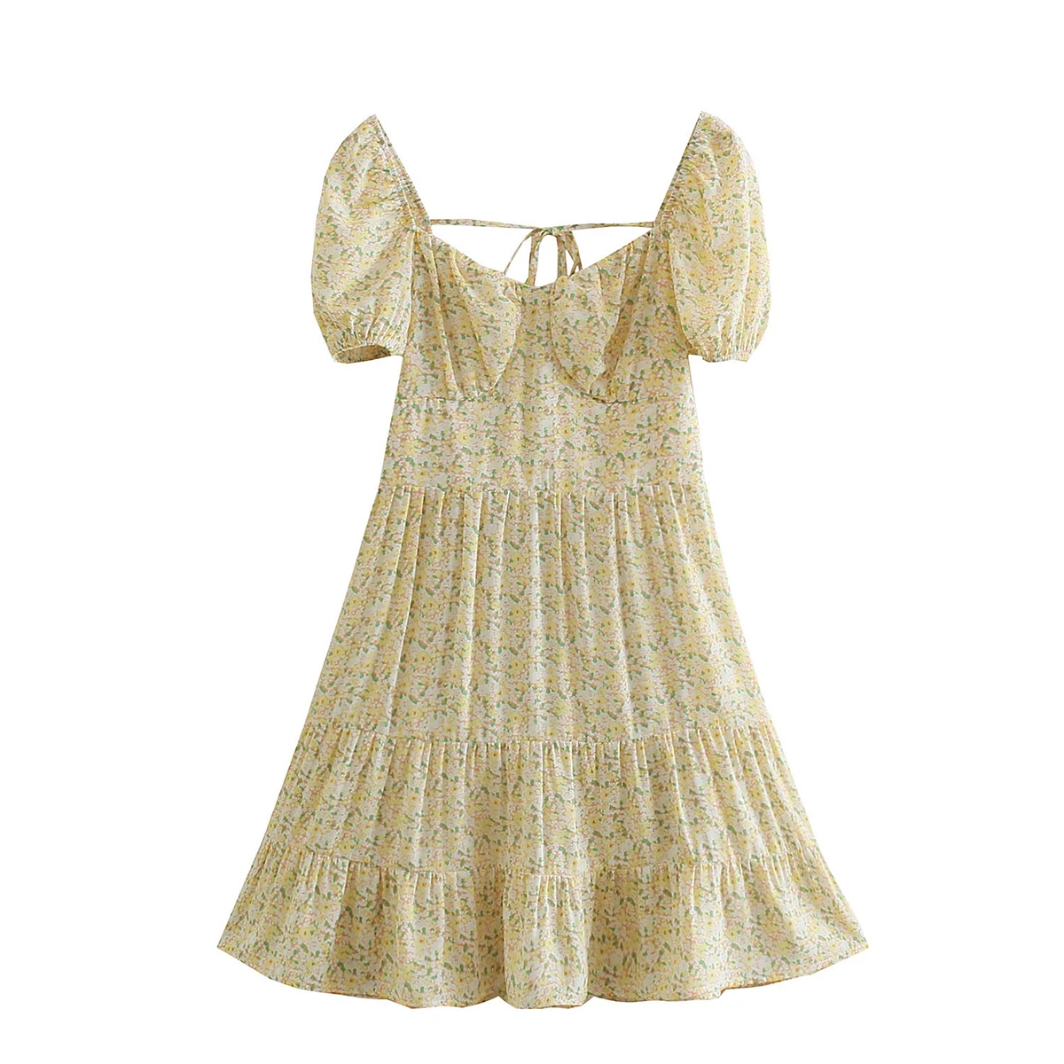 

Jastie/Летнее мини-платье с цветочным принтом; Женское платье с квадратным воротником и пышными рукавами и оборками на подоле; Пляжное платье с...