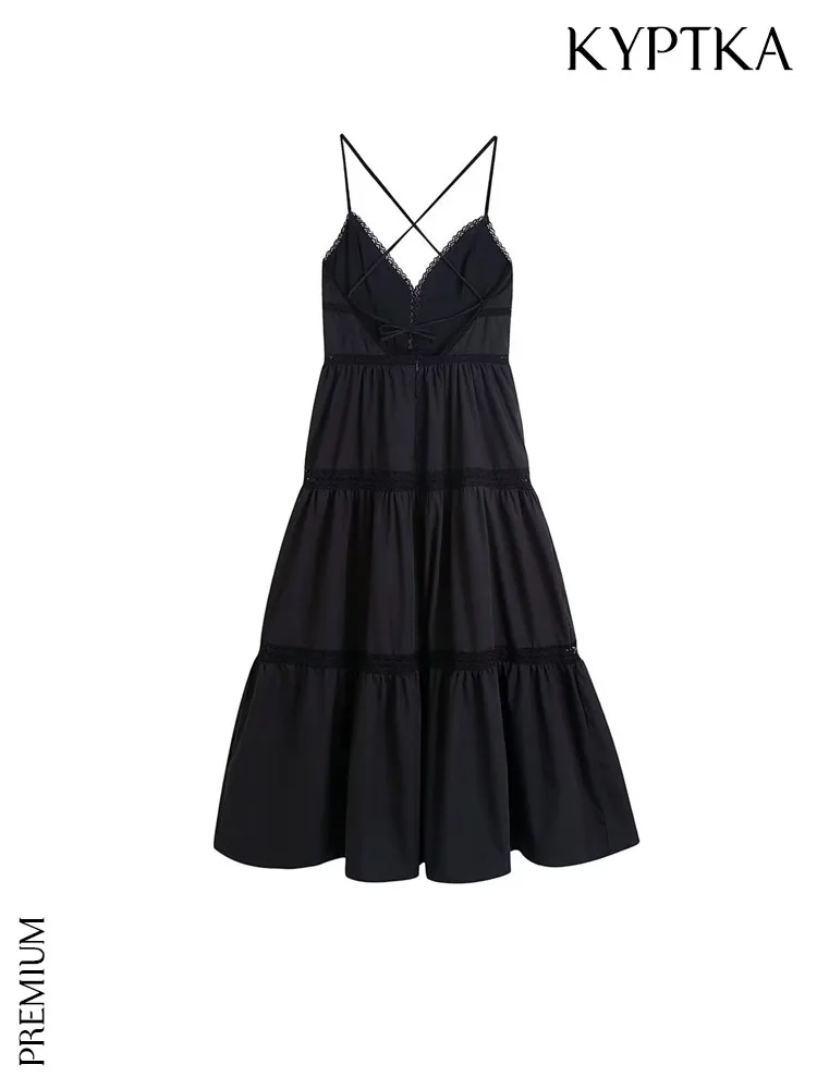

KYPTKA Women Fashion Patchwork Lace Midi Dress Vintage Backless Zipper Tied Thin Straps Female Dresses Vestidos Mujer