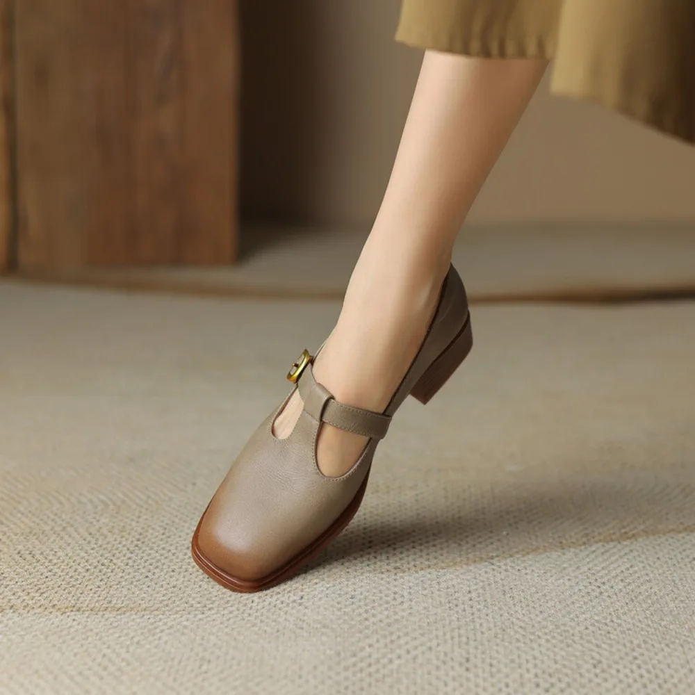 2024 новые коричневые туфли из натуральной кожи винтажные Мэри Джейн на низком