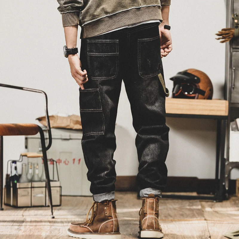 Streetwear Fashion Men Jeans Black Gray Multi Pockets Casual Denim Cargo Pants Hombre Hip Hop Loose Jeans Men Wide Leg Trousers