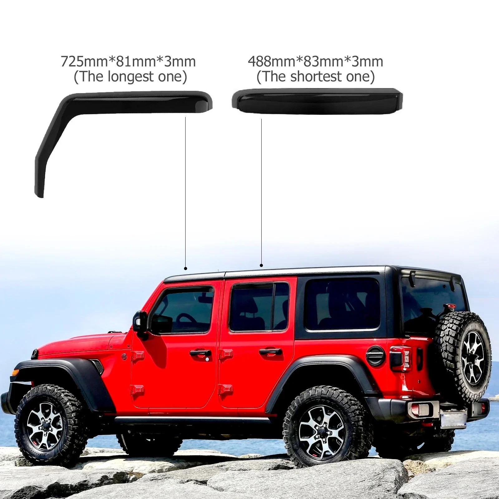 Фото Ветровик для Jeep Wrangler JK 2007-2018, защита от дождя, боковой дефлектор, накладка на кузов, внешнее крепление, 4-дверный вариант. №2
