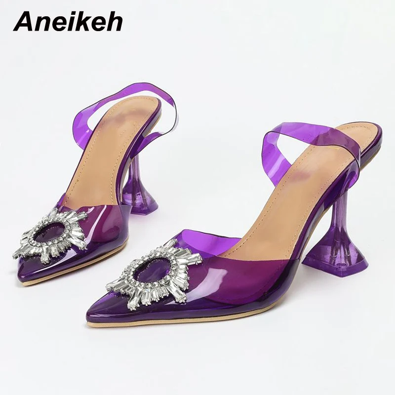 

Aneikeh 2022 Spring/Autumn PVC Transparent Purple Fashion Flower Crystal Sexy Slingbacks High Heel Slip-On Classics Party Pumps