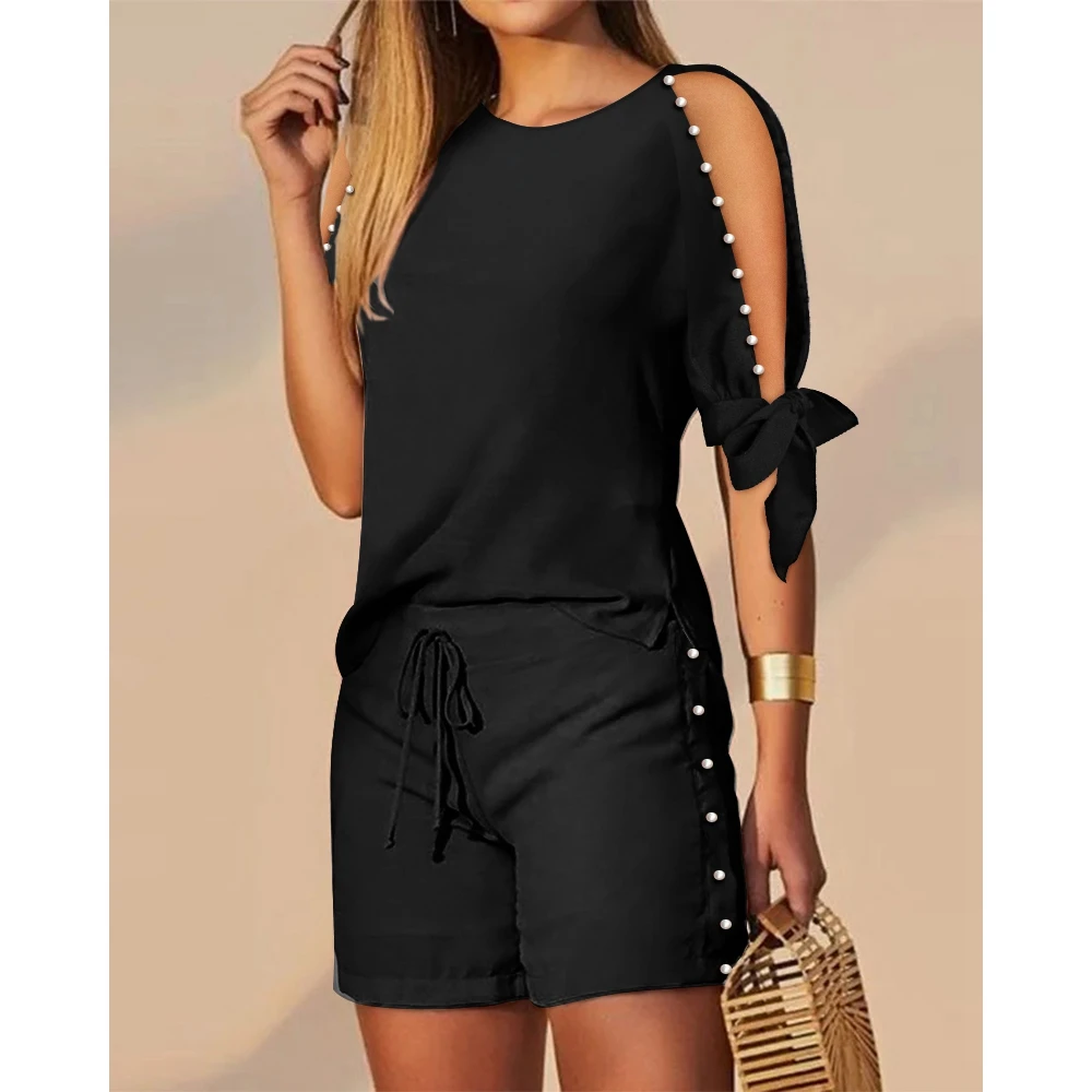 2023 Summer Pearls Decor Casual Two Piece Shorts Set for Women Split Sleeve Top & Drawstring Shorts Set Streetwear Outfits
