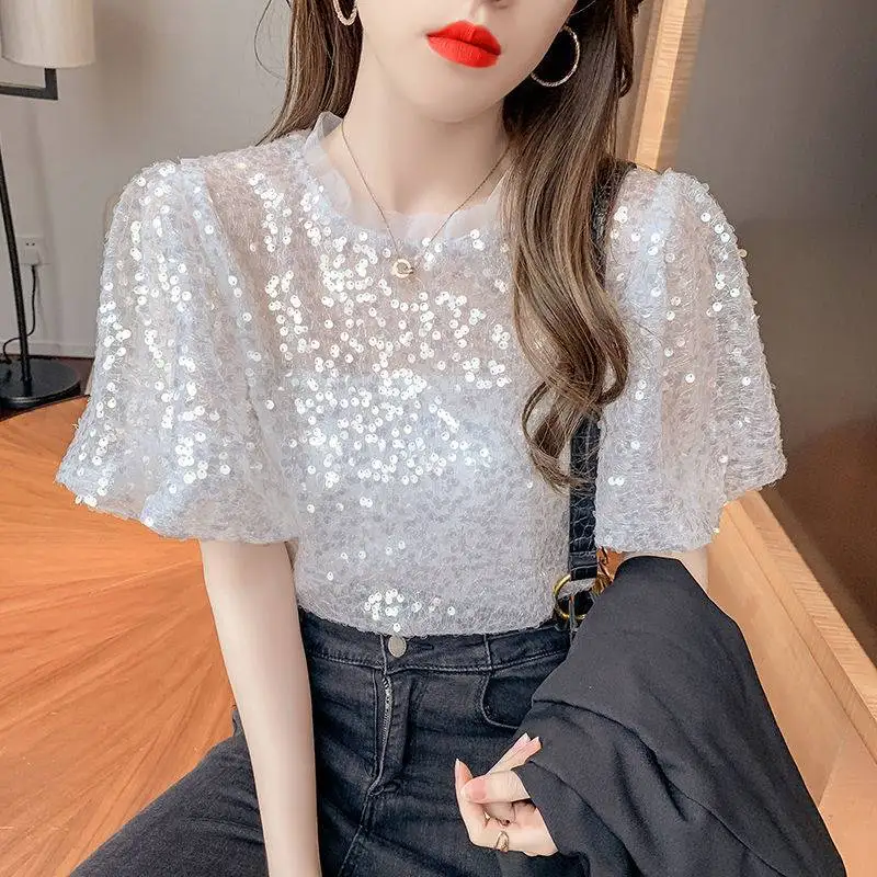 

2022 Women Sequined Top Short Sleeve Bling Shiny T Shirt Lady sparkling T Shirt Formal Clothes Temperament Party Nightclub Dress