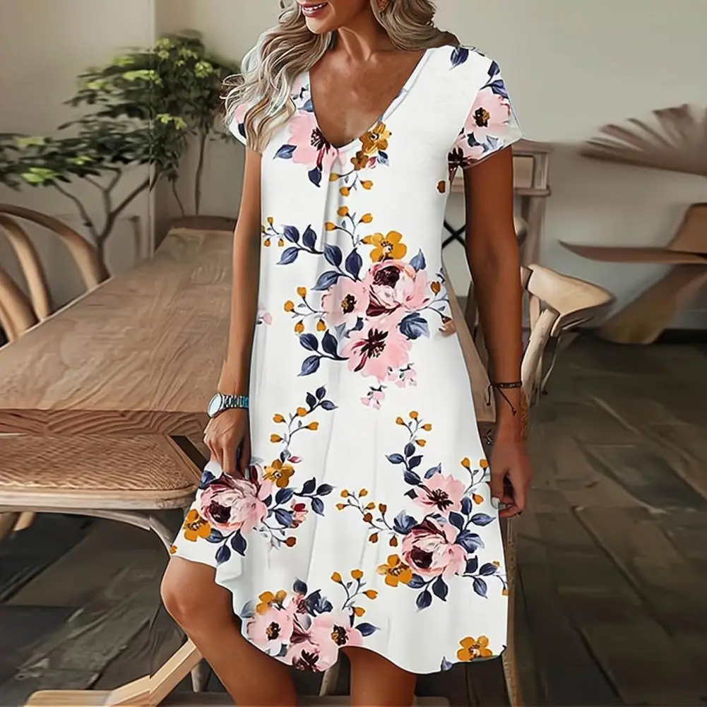 

Платье женское Плиссированное ТРАПЕЦИЕВИДНОЕ с V-образным вырезом и коротким рукавом, летняя повседневная мягкая пляжная одежда с цветочным принтом, не скатывается