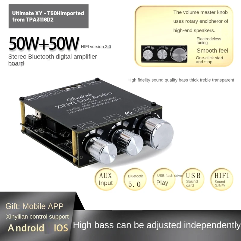

XY-T50H Digital Power Amplifier Board TPA3116D2 50W+50W High-Bass Adjustable Stereo Digital Amplifier Board Audio Module
