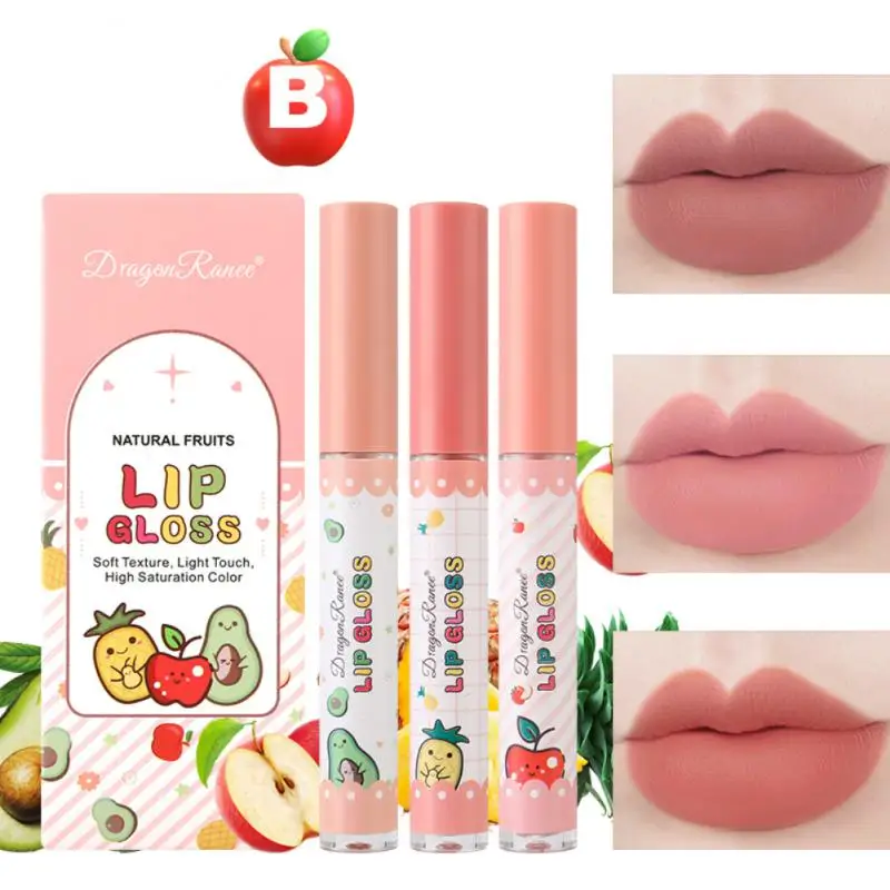 

3pcs Fruit Lip Glaze Set Waterproof Long Lasting Moisturizing Velvet Matte Lipstick Lipstick Pen Non-stick Cup Lip Gloss Set