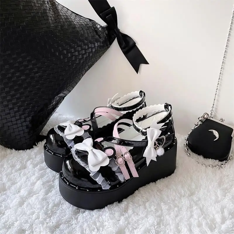 

Lolita Sweet Sandals Women Japanese Style Bow Lace Kawaii Mary Janes Shoes Buckle Design Round Toe Casual platform Shoes 2023