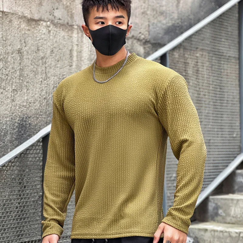 2023 men's spring and autumn men's new solid color waffle round neck pullover knitwear, muscle men's outer wear knitwear