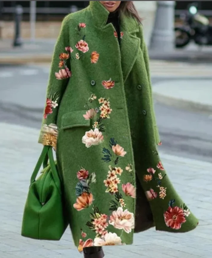 

2022 Solid Color Loose Green Wool Coat Autumn and Winter Temperament Commuter Lapel Long Wool Coat Coat New
