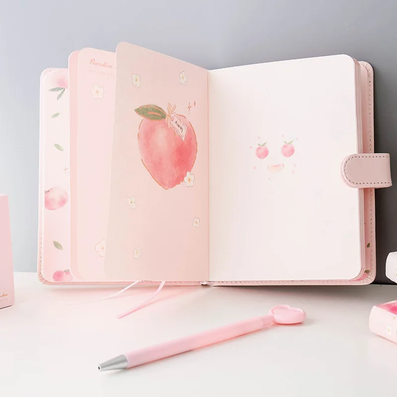 Student Notebook Peach A5 Magnetic Buckle Book Small Fresh PU Leather Diary Student Color Pages Girl's Hand Book