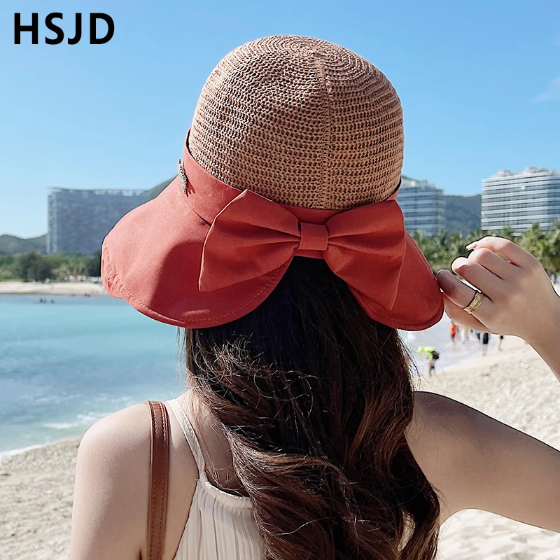 Пляжная шляпа с бантом и широкими полями для женщин однотонная Панама от солнца