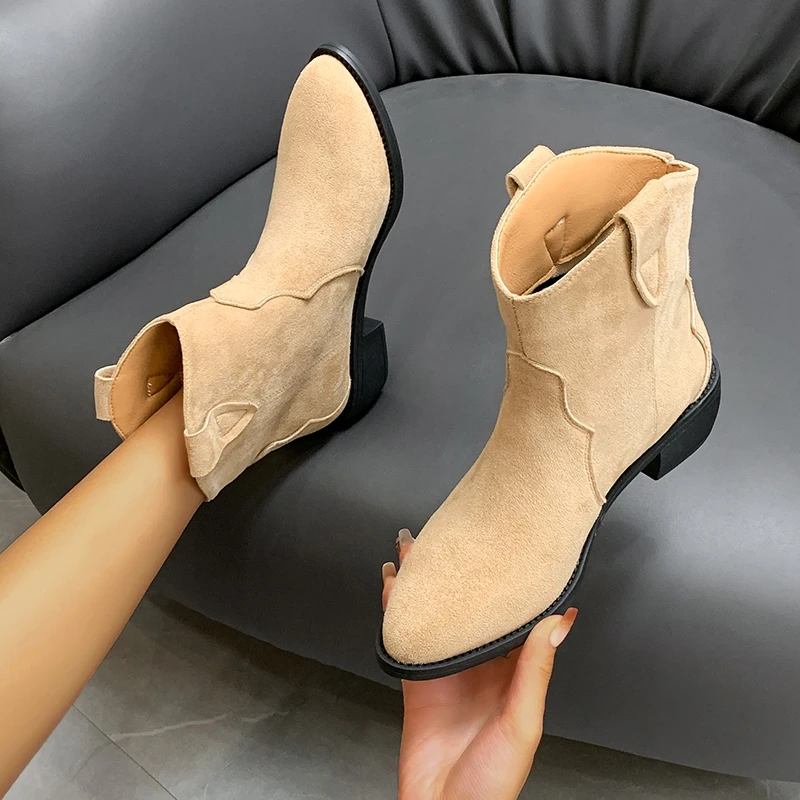 

Winter Classic Chelsea Boots for Woman Real Suede Pointy toe Wedges heel Ankle Boots Simple Comfortable Cowboy Boots female