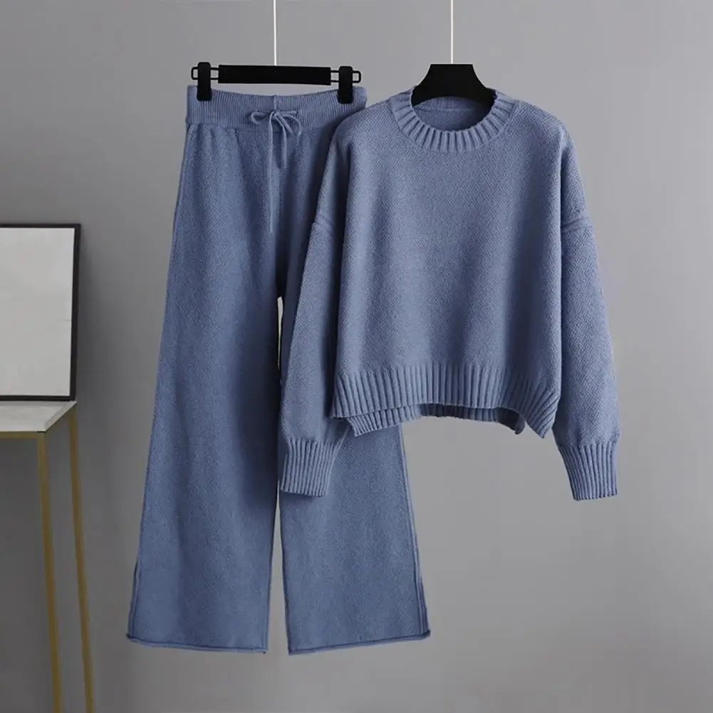 

Knitting 2 Pcs/Set Chic Elastic Waist Autumn Sweater Trousers Suit Thicken for Home Wear