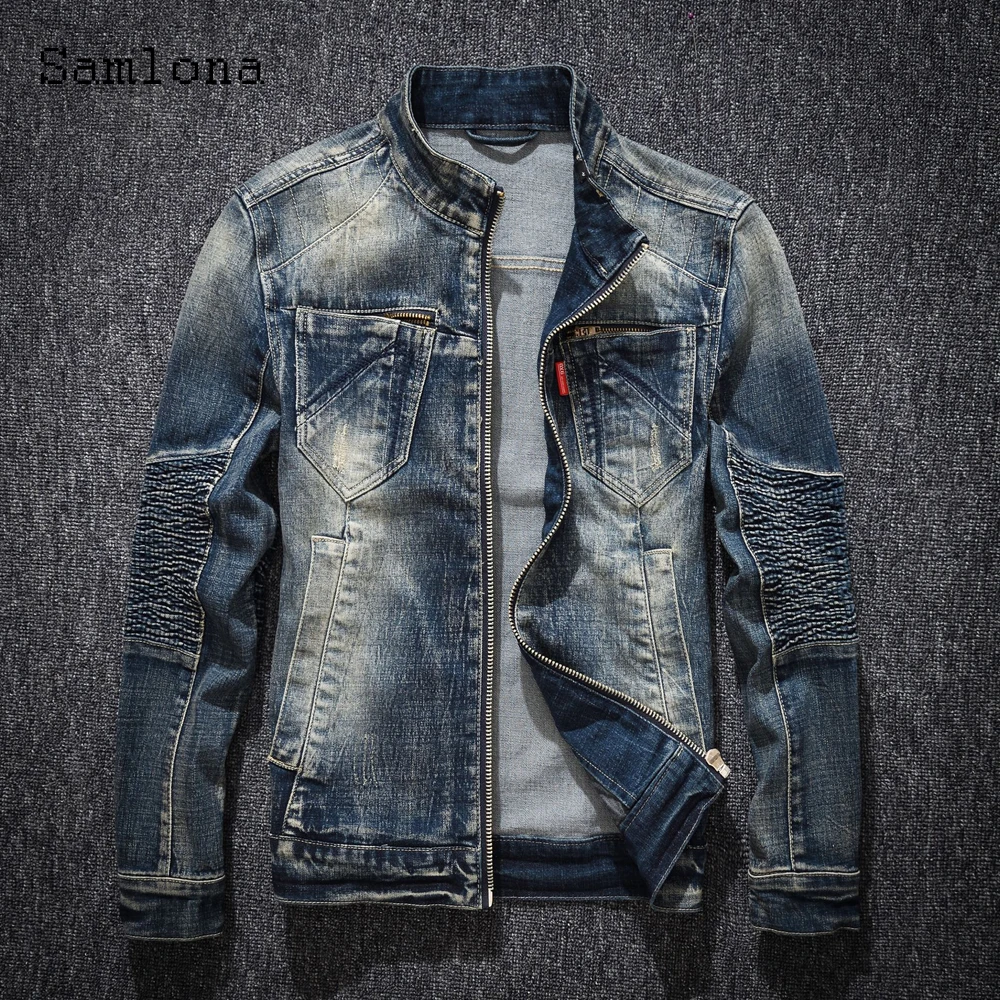 

Samlona Plus Size Men Demin Jackets European Youth Fashion Zipper Pocket Jean Coats Male Patchwork Demin Jacket Outerwear 2022