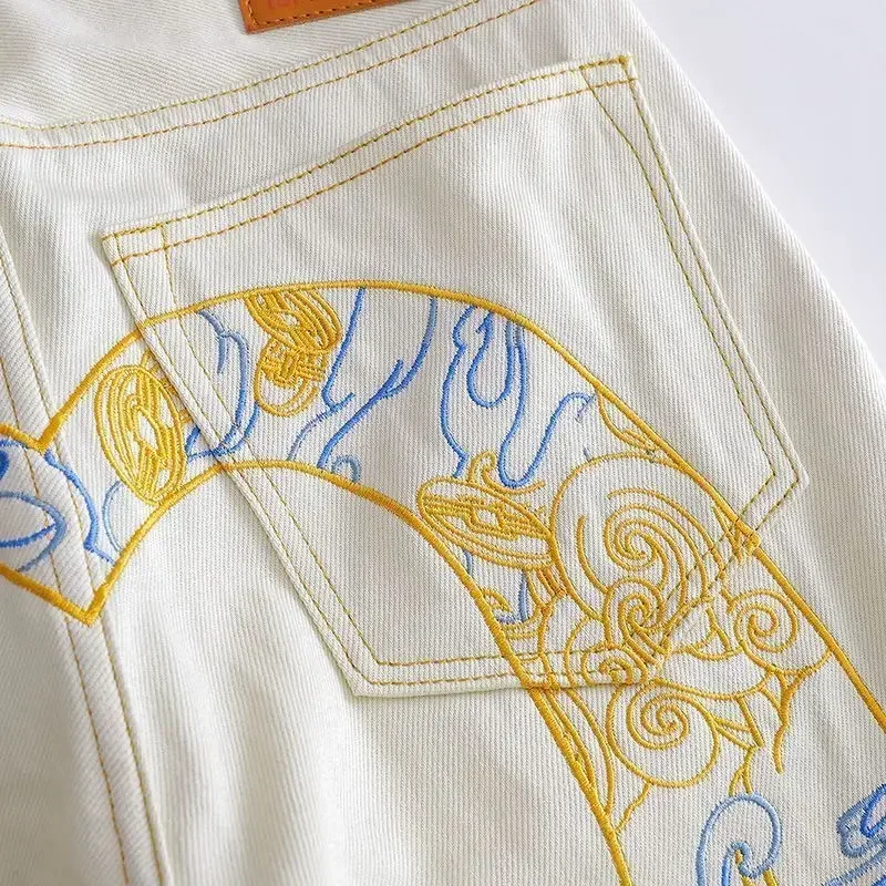 Мужские ковбойские брюки прямые бежевые джинсы с вышивкой и графическим принтом