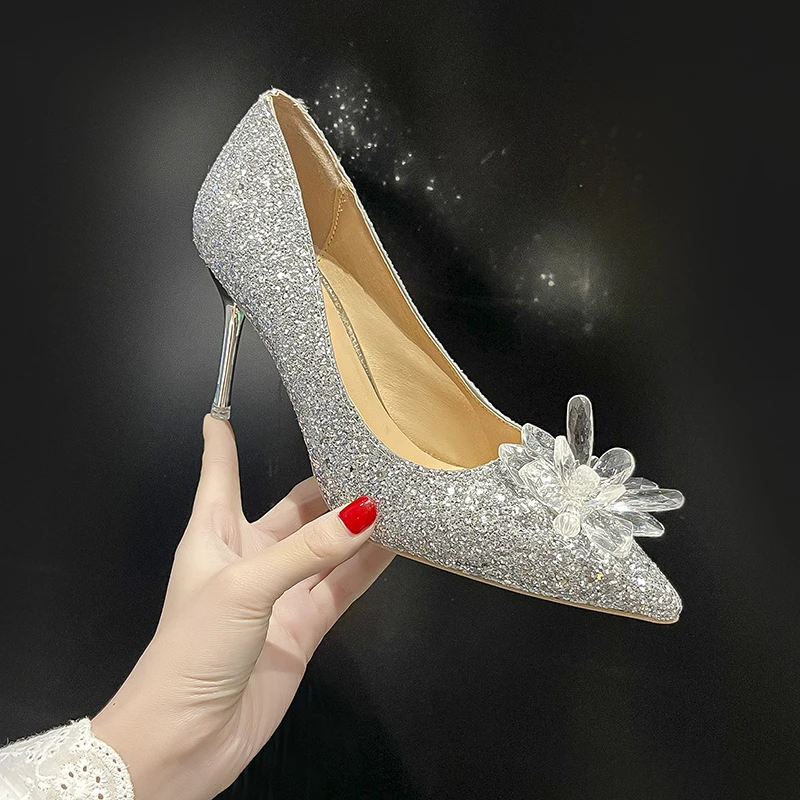 

2022 Women Shoe Crystal Shoe Bownot Pointed Toe Sandal new Sequins Sexy Bride Wedding Rhinestone Party High Heels Pumps