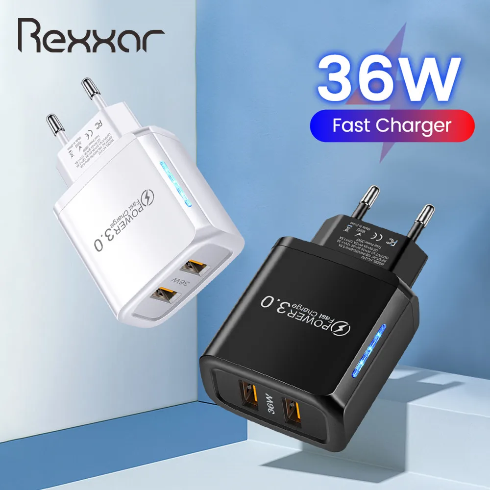 36W Dual USB Charger Quick Charge 3.0 for iPhone Mobile Phone Charger Fast Charging Wall Charger with Light for Samsung Xiaomi