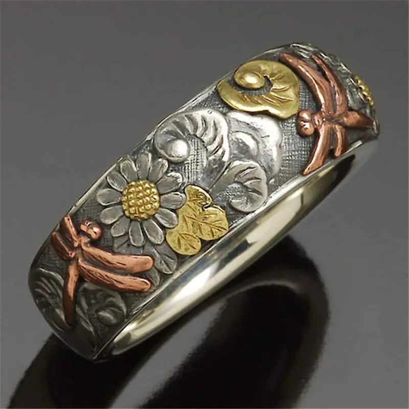 

Vintage Dragonfly Rings for Women Classic Metal Sunflower Wedding Rings Female Promise Jewelry Ring Size 5 6 7 8 9 10