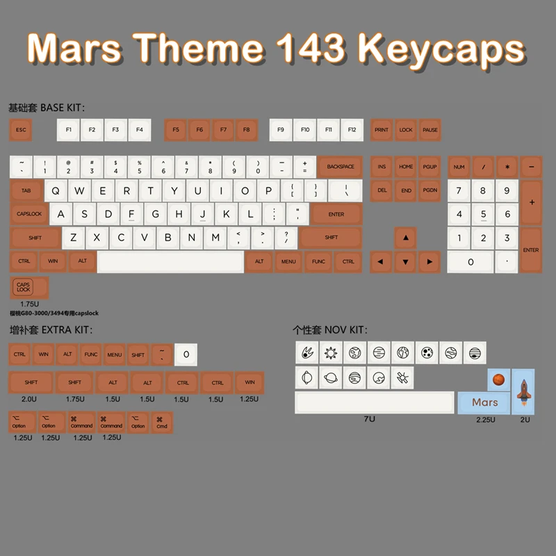 

143 Keys/set Mars Theme Keycaps PBT Dye Sublimation Key Caps XDA Profile Keycap With 7U Spacebar 1.75u 2u Shift 1.25U MAC