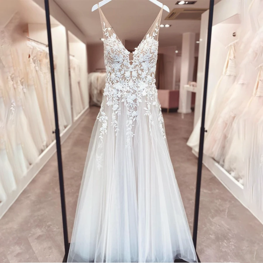 

Thin Spaghetti Straps Nude Mesh Applique Lace Boho Wedding Dress with Glitter Sequins A-line Bridal Dress robe de mariee boheme