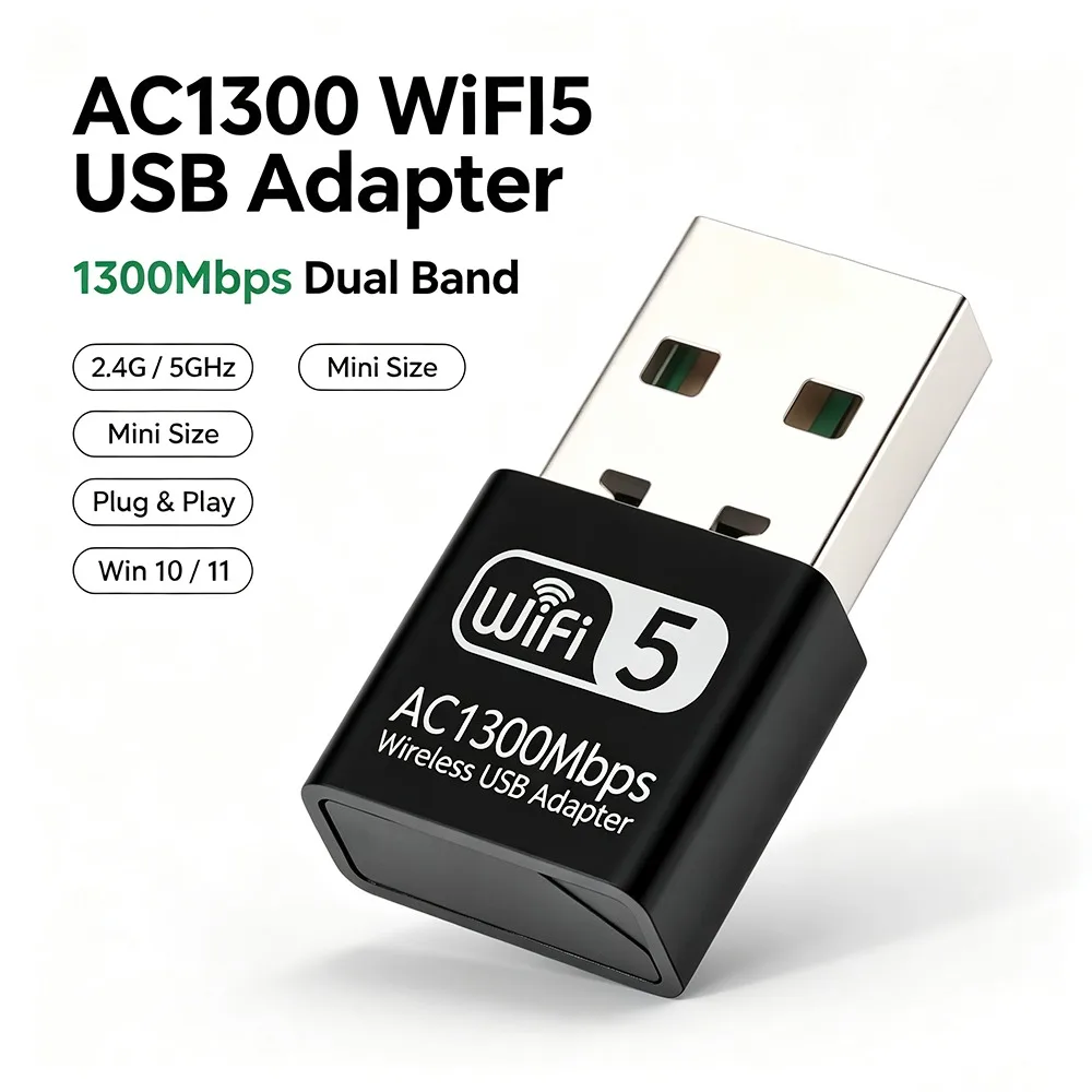 Фото AC1300 WiFi5 Mini USB WiFi-адаптер 1300 Мбит/с, двухдиапазонный 2,4 ГГц и 5 ГГц, беспроводной сетевой адаптер, внешний WiFi-приемник, сетевая карта для ПК №1