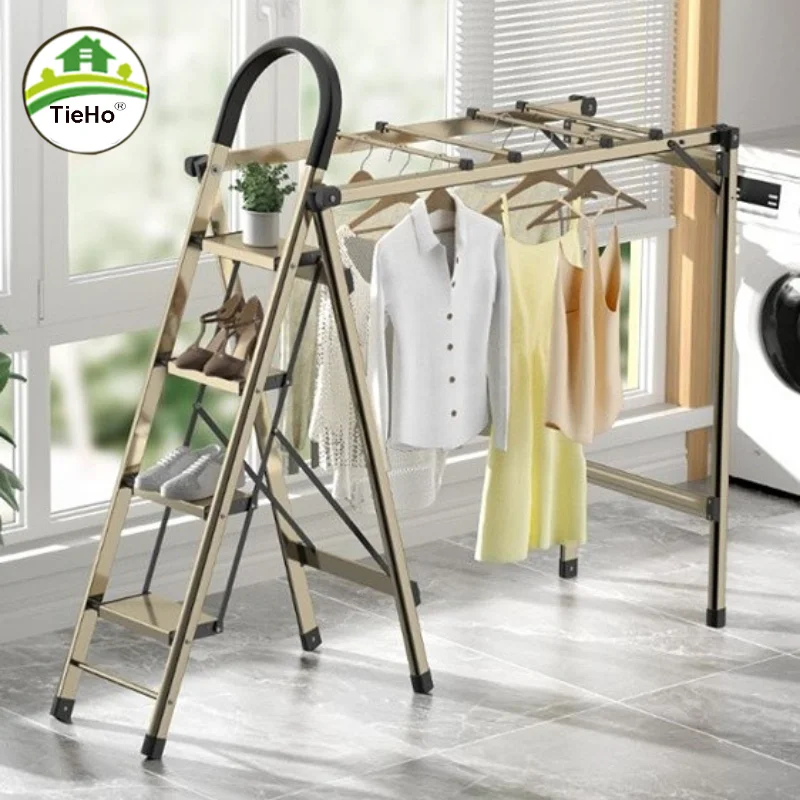 

Домашняя напольная выдвижная вешалка для одежды, складная внутренняя лестница из алюминиевого сплава, утолщенная вешалка для пальто, простая домашняя мебель, золото