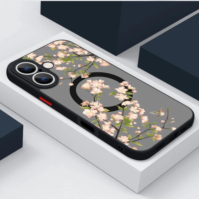 Магнитный чехол с цветком сакуры для iPhone 15 Pro Max 11 12 13 14 16 беспроводной зарядки Magsafe