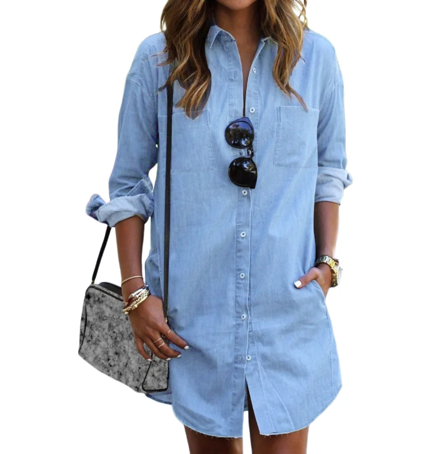 Женская джинсовая куртка повседневная однотонная однобортная длинная из денима