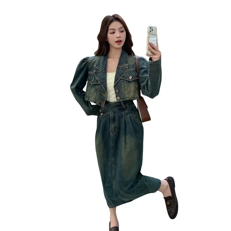 Модный повседневный комплект женской одежды осень 2024 новая винтажная джинсовая