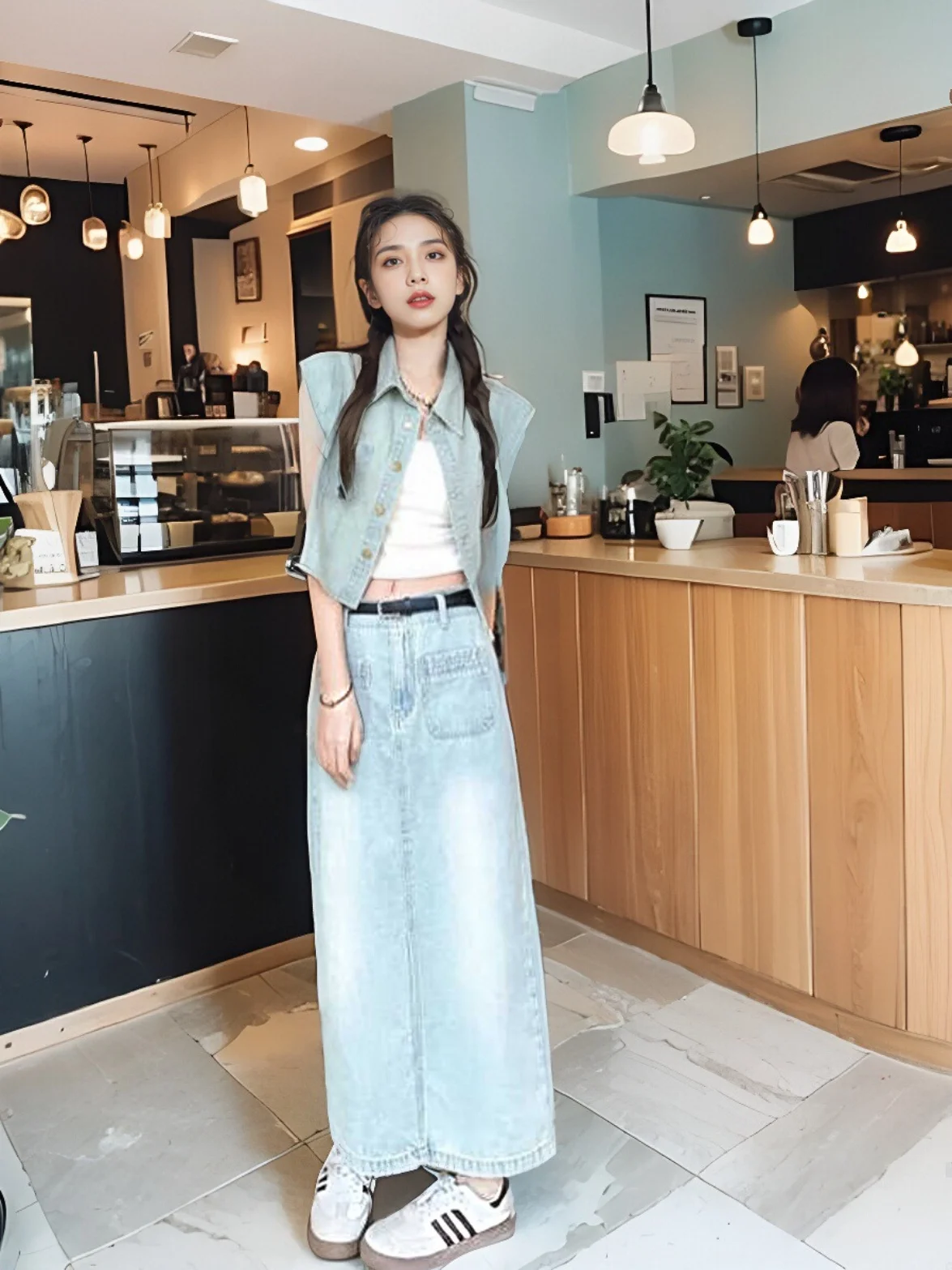 Корейская серия рубашка из джинсовой ткани с отложным воротником и длинными