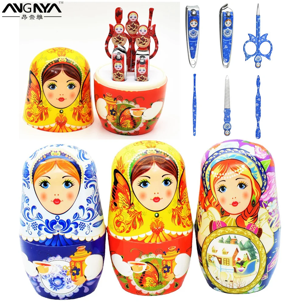 

ANGNYA 6PCS/Set Russian Doll Manicure Nail Set Scissors Nail Tool Travel Kit Clipper Care Clipper Grooming Portable Pedicure Set