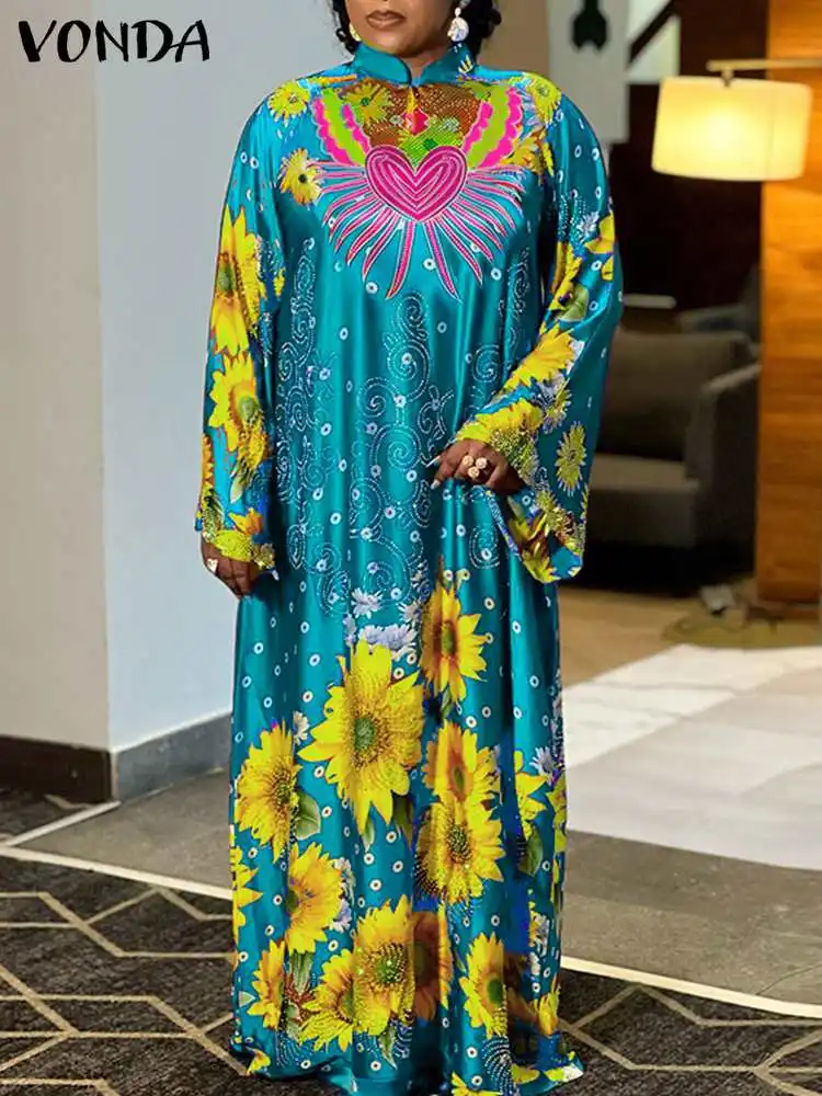 

VONDA Bohemian Women Vintage Long Flare Sleeve Printed Sundress Autumn Maxi Dress Fashion Stand Collar Vestido Casual Party Robe