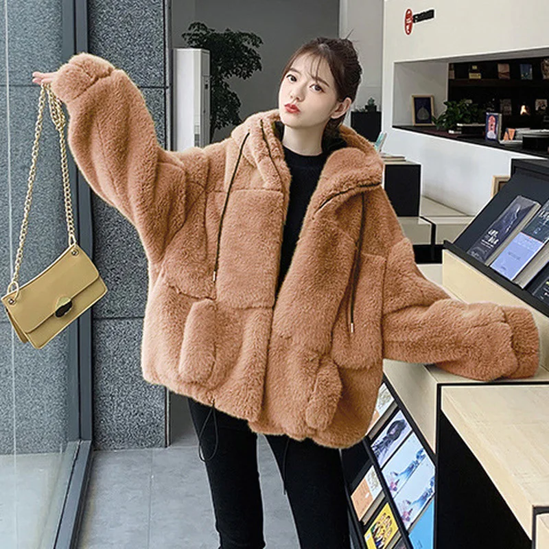 2023 Faux Fur Women Coat with Hood Fashion Zipper Plush Thick Slim Pink Faux Fur Jacket Fake Rabbit Fur Coats Chaqueta Mujer