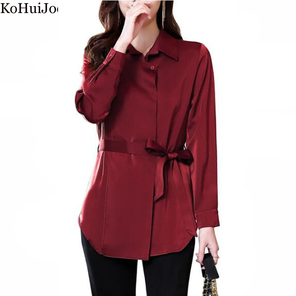 

KoHuiJoo Blouse Women 2022 Luxury Designer Fashion Ladies Long Sleeve Acetic Formal Lace Up Slim Elegant Shirt With Belt Tops