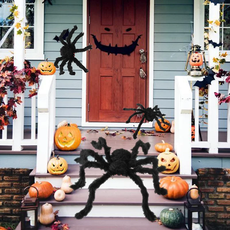 

30/50/75/90cm Halloween Horror Giant Black Plush Spider Red Eyes Black Spider For Halloween Party Home Decor Haunted House Props