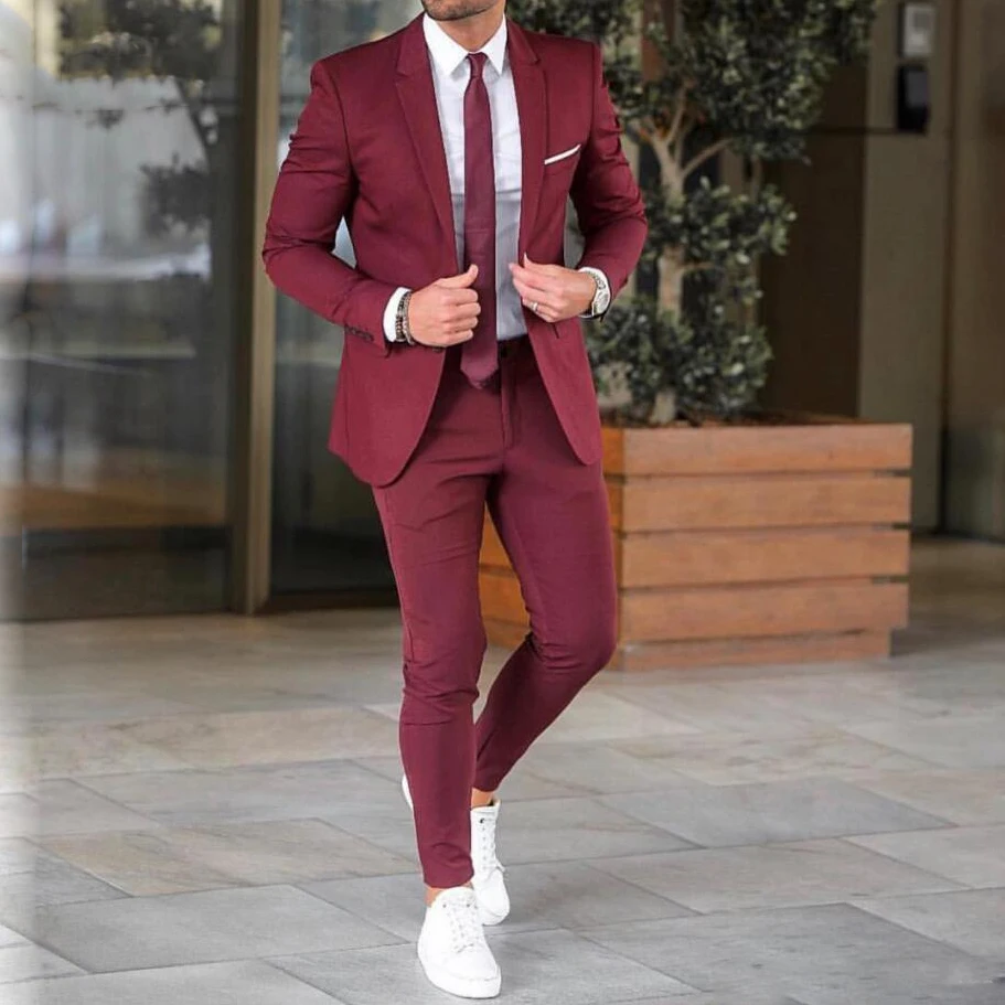 

2022 2 Pieces Burgundy Mens Groom Tuxedos Wedding Suits for Men British Style Custom Made Costume Hommes Blazer (Jacket+Pants）