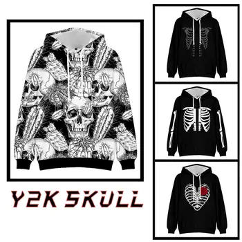Y2k Clothes Hoodies For Men Skull Winter Clothing Grunge Long Sleeve Man Sweatshirts Casual Hooded Jacket Streetwear 1