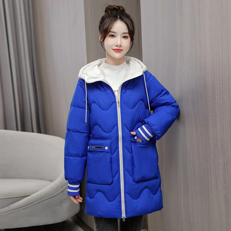 Warm and windproof medium long hooded cotton padded jacket for women 2022 winter new Korean casual fashion stand collar down