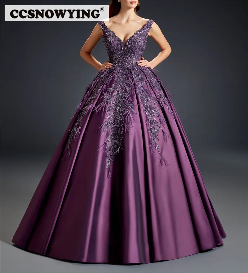 

Grape Satin Appliques Feathers Evening Dresses Ball Gown V Neck Formal Party Dress Women Arabic Kaftan Robes De Soirée