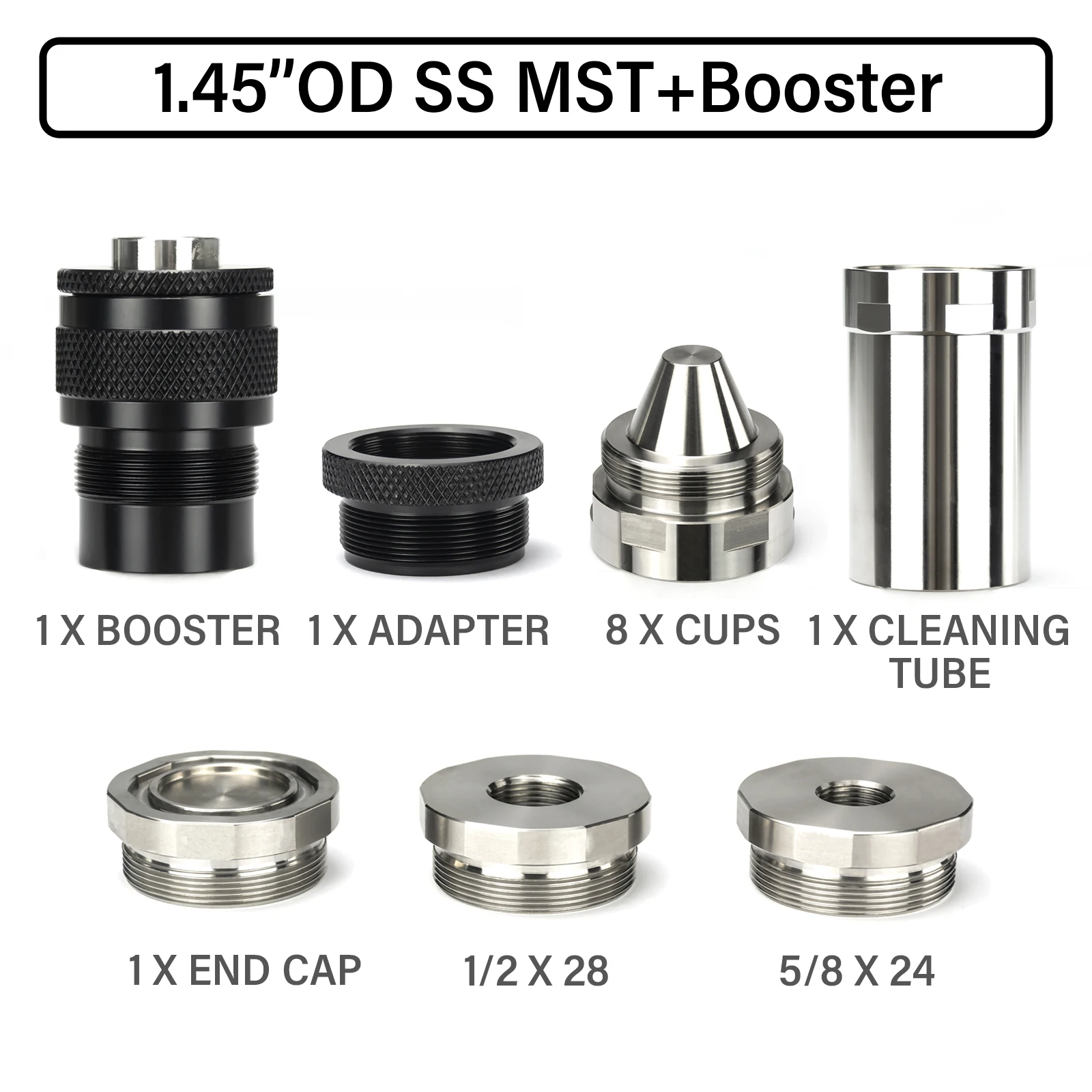 

7"L 1.5"OD 17-4 Stainless Steel Dodecagonal Modular Solvent Tube 1.375x24 MST Filter 8pcs Cone Cups 5/8x24 + 1/2x28 with Booster