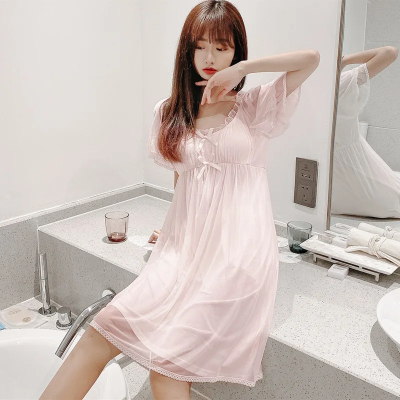 New Court Style Mesh Lace Princess Nightdress Female Summer Girl Beautiful Pijamas Cute with Chest Pad