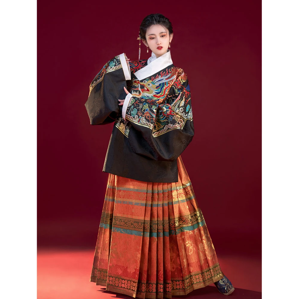 

Customize ShangGongYu Original Ming Dynasty Black Dragon Embroidery Hanfu Top Women Satin Weave Gold Large Sleeve Short Jacket