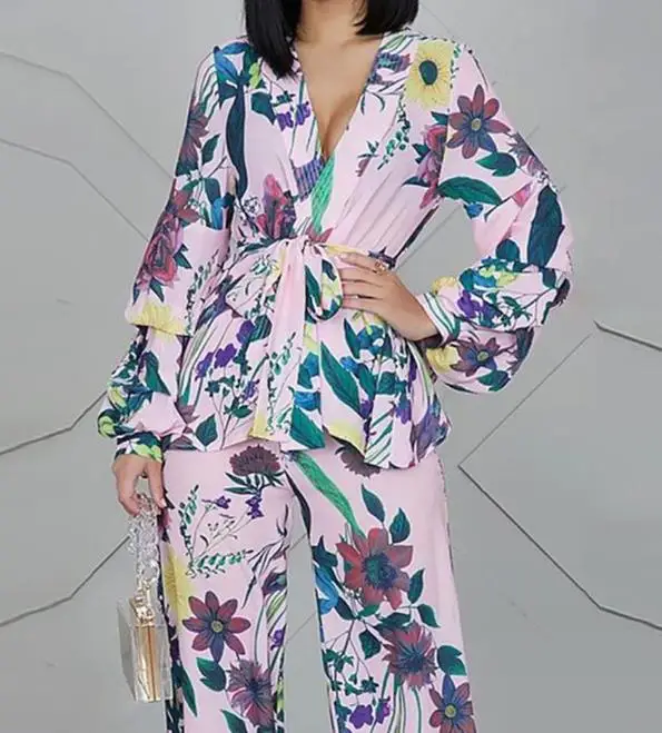 

Fashion Two Piece Set Women Outfit 2023 Autumn New Printed V-Neck Bubble Sleeve Shirt & Casual High Waist Wide Leg Pants Set