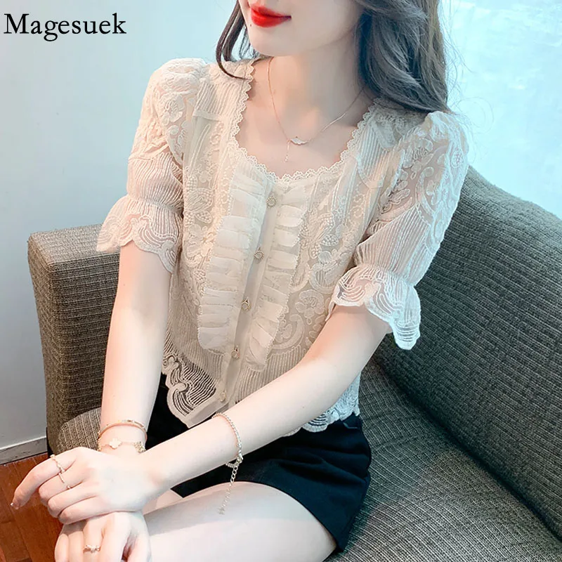 

Elegant Lace Chiffon Lady Blouse Puff Short Sleeve Women Square Collar Ruffle Stitching Summer Tops Sweet Apricot Shirt 22150