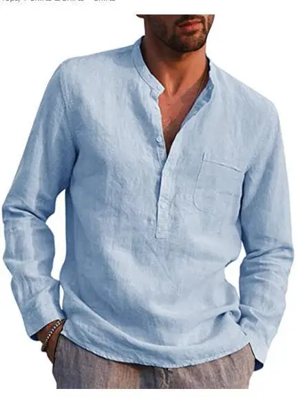 New hemp blended European and American hot-selling semi-open collar men's long-sleeved shirts loose straight-neck men's tops
