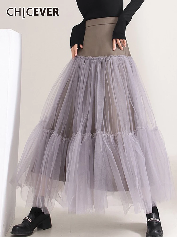 

CHICEVER Patchwork Mesh Skirt For Women High Waist Colorblock Fold Pleated Casual Long Skirts Female 2022 Spring Fashion Clothes